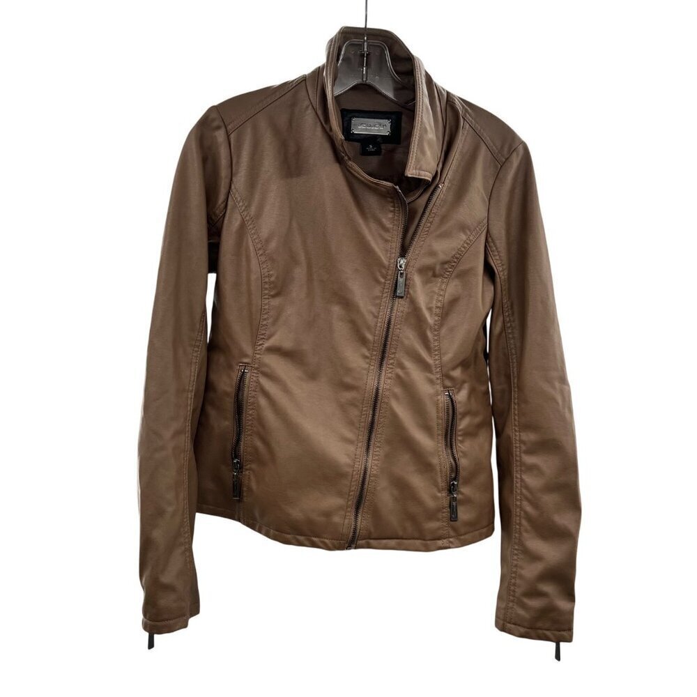 JOUJOU Women's Faux Leather Moto Jacket Zip Pockets/Cuffs Brown Size Small